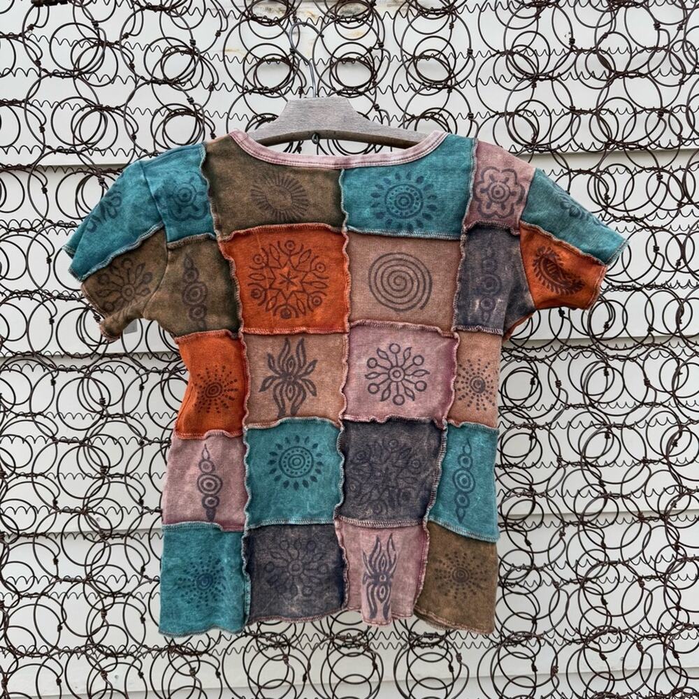 Y2k Boho Hippie Nepal Block Print Rib Patch-Work … - image 2